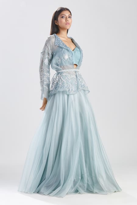 Megha Bansal Blue Silk Organza Horse And Floral Pattern Ashva Kimono Jacket & Palazzo Set