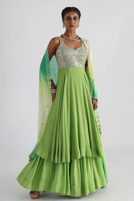 Smriti by Anju Agarwal Green Embroidered Mirror V Neck Anarkali With Dupatta 