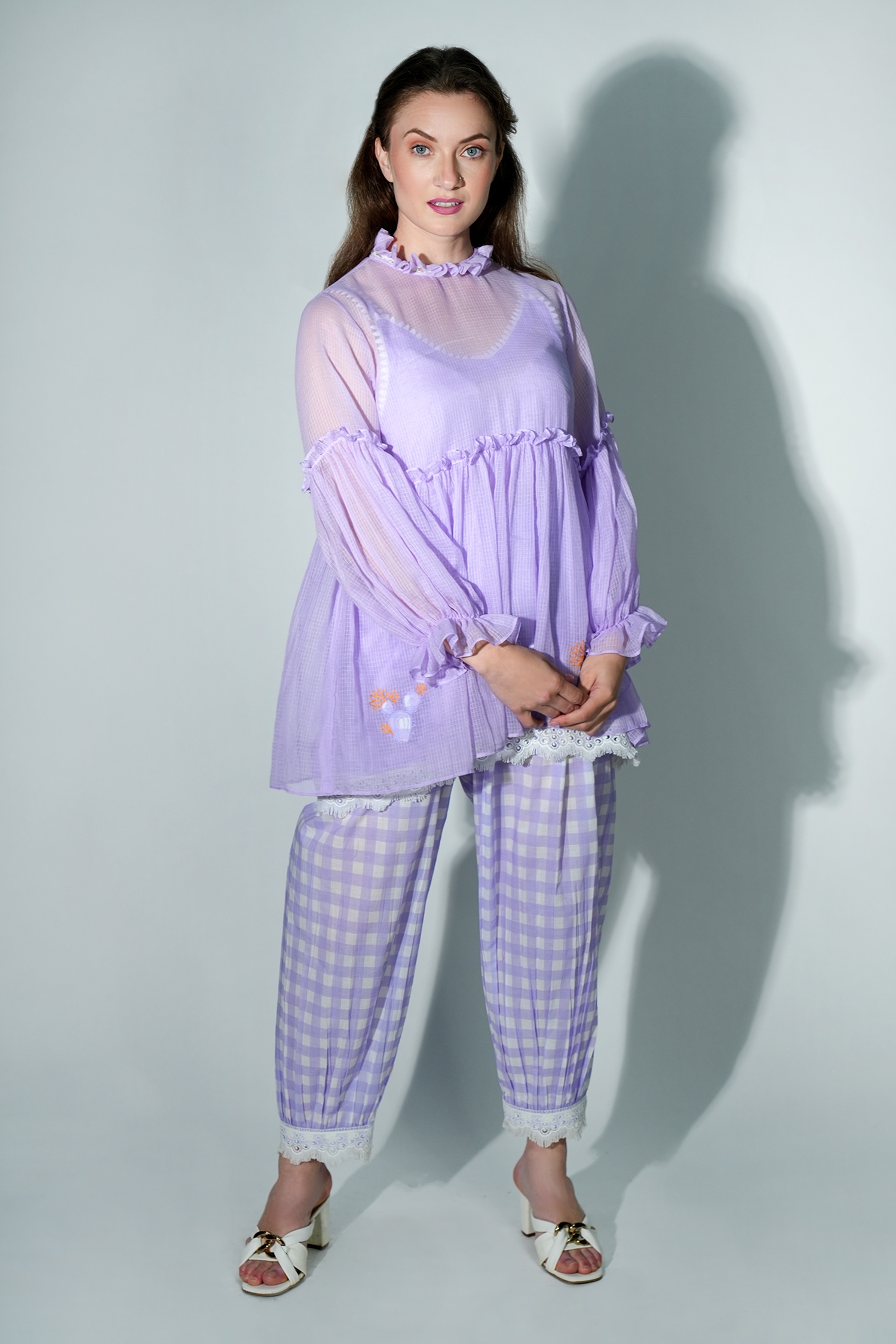 Jyoti Bansal Purple Kota Embroidery Floral Ruffled Neck Trim Short Kurta 