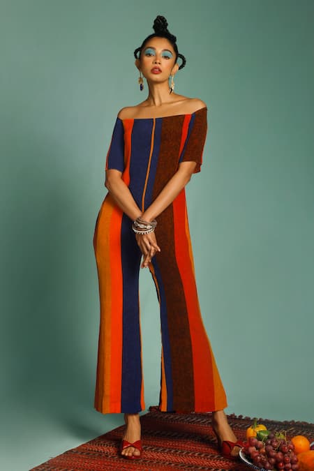 LABEL SHRISTI CHETANI Striped Off-Shoulder Jumpsuit 