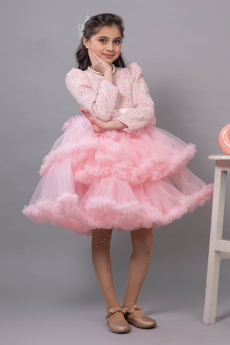 Buy Pink Tweed Plain Dancefloor Princess Dress For Girls by Hoity ...