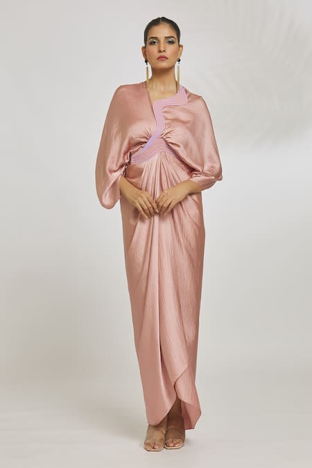 Amit Aggarwal Pink Hammered Satin Embroidery Cord V Neck Draped Dress 