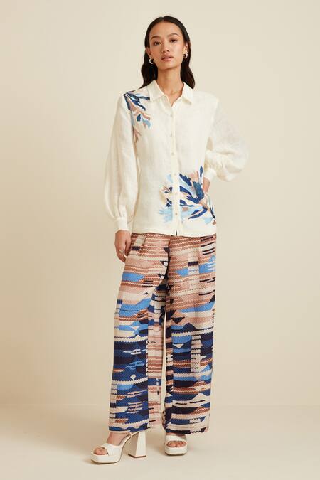 Buy RANNA GILL Ivory Linen Embroidery Ombre Thread Collared Neck Shirt at Aza Fashions Buy_RANNA GILL_Ivory Linen Embroidery Ombre Thread Collared Neck Shirt _at_Aza_Fashions