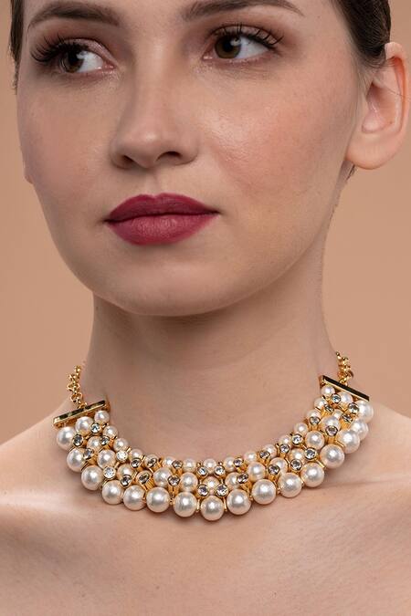 Shop_Isharya_White Cubic Zirconia Amara Pearl Statement Choker Necklace_at_Aza_Fashions