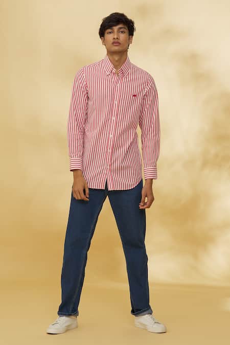 The Men's Kompany Red Cotton Printed Striped Shirt 