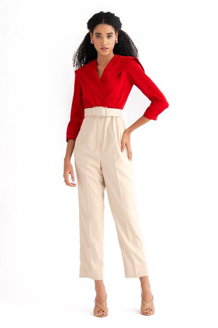 Buy NOTEBOOK Red Banana Crepe Plain Oversize Collar Teresa Colorblock Jumpsuit at Aza Fashions Buy_NOTEBOOK_Red Banana Crepe Plain Oversize Collar Teresa Colorblock Jumpsuit _at_Aza_Fashions