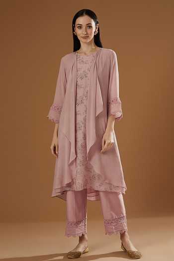 Buy OMI Pink Crepe Lace, Embroidery Open , Round Placement Shrug And Pant Set at Aza Fashions Buy_OMI_Pink Crepe Lace, Embroidery Open , Round Placement Shrug And Pant Set_at_Aza_Fashions