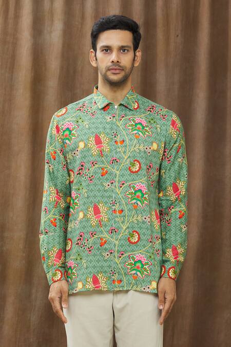 Shop_Siddhartha Bansal_Green Cotton Satin Floral Print Shirt _Online_at_Aza_Fashions