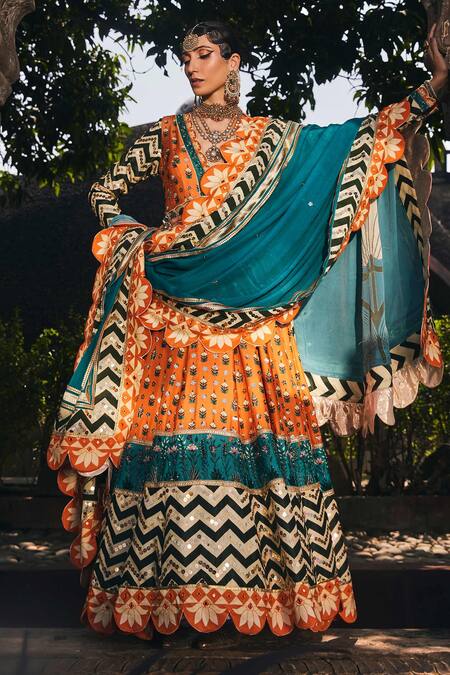 Shop_The Royaleum_Multi Color Anarkali- Upada Silk, Dupatta- Crepe Chevron, Floral, Print With _Online_at_Aza_Fashions