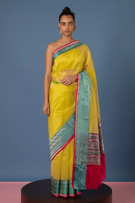 Ekaya Banaras Yellow Organza Handwoven Floral Patterns Banarasi Kadwa Saree  