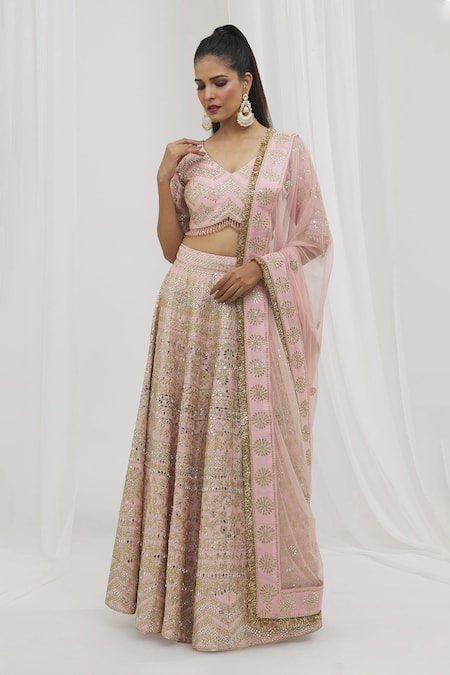 Vandana Sethi Pink Denim, Silk, Chiffon Mirrors, Gota Floral Embellished Bridal Lehenga Set 