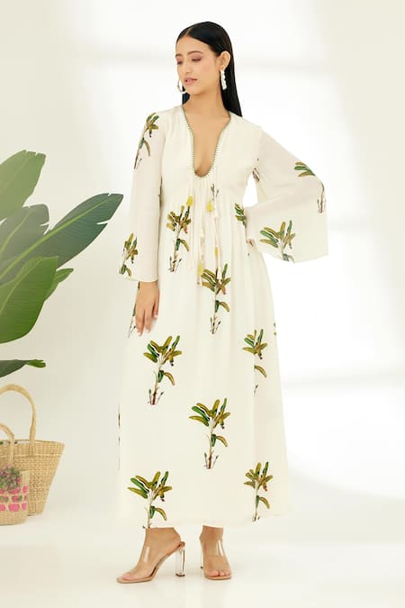 Nikasha Off White 100% Crepe Sequin, Banana Tree Print, Thread And Hand Painted Dress Online at Aza Fashions Nikasha_Off White 100% Crepe Sequin, Banana Tree Print, Thread And Hand Painted Dress _Online_at_Aza_Fashions