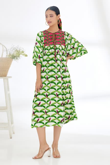 Nikasha Off White 100% Crepe Leaf Print, Parakeet, Sequin And Hand Painted Tiered Dress