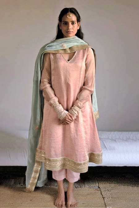 Shorshe Clothing Pink Kurta Handwoven Chanderi Silk Hand Embroidered And Anu Anarkali & Pant Set 