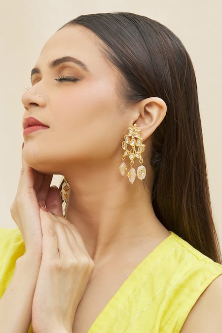 PANASH Pink Gold-Plated Floral Handcrafted Kundan Drop Earrings -  Absolutely Desi