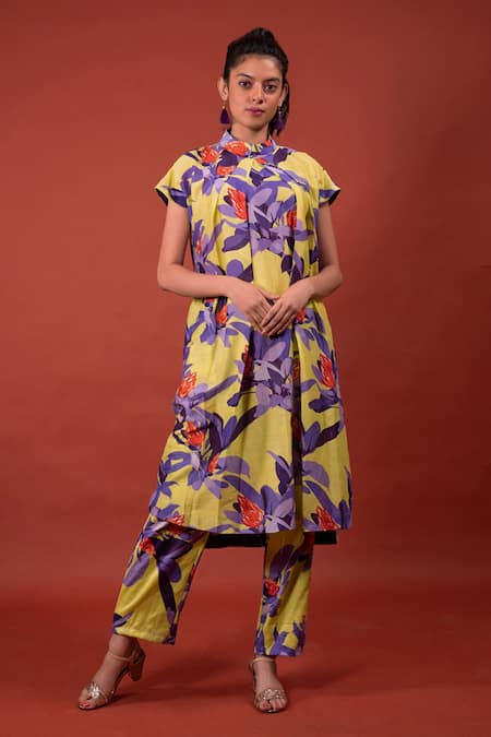 Rimi Nayak Yellow Chanderi, Cotton Pine Flower Print Pant 