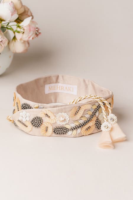 Shop_Mehraki_Beige Sequin Flower Embellished Belt _at_Aza_Fashions