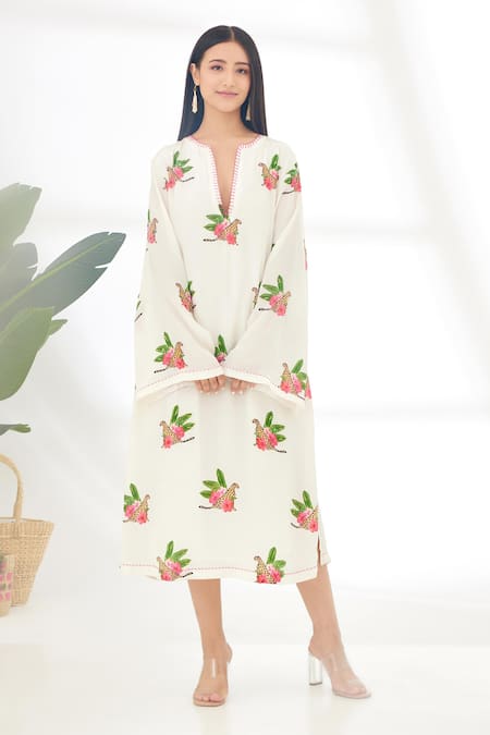 Nikasha Off White 100% Crepe Cheetah Notched Hand Painted Dress