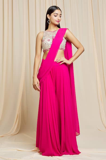 Izzumi Mehta Pink Georgette Embroidered Mirror Round Hand Pant Saree 