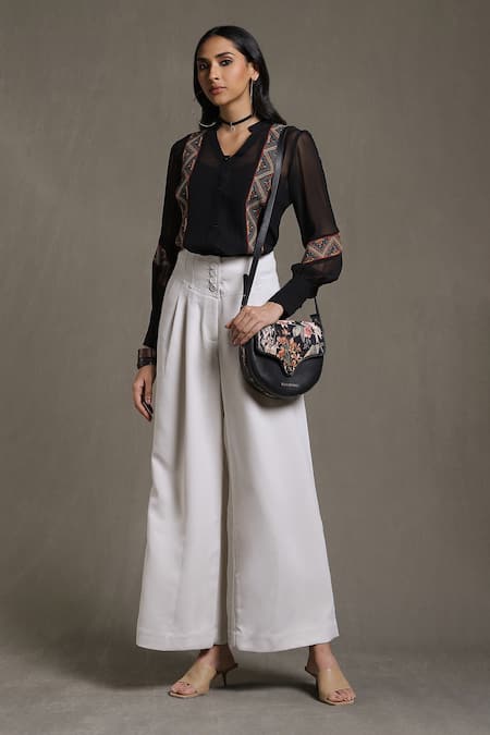 Ritu Kumar Black Viscose Georgette Embroidery Thread Band Collar Button Down Short Kurta 