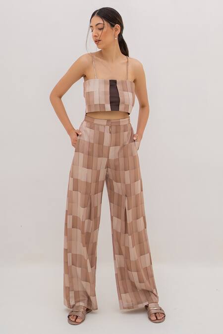 Buy Brown Papaya Twill Printed Checkered Shirt Spread Placket Pant Set For  Women by Kritika Madan Label Online at Aza Fashions.