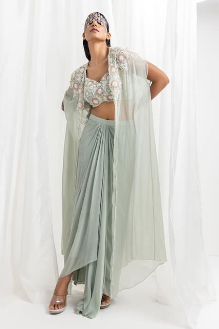 Seema Thukral Green Top And Skirt- Georgette Embellished Floral Cape & Draped Set 