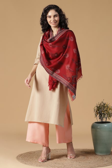 Shingora Maroon Woven Floral Pattern Stole 