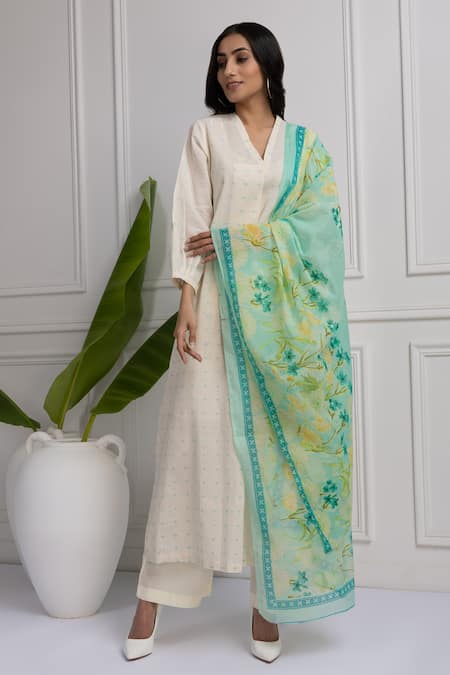 HOUSE OF TA-YA Off White Cotton Woven Geometric V Neck Kurta Set With Printed Floral Dupatta 