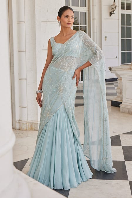 Buy Grey And Blue Embroidered Organza Silk Saree In USA UK Canada