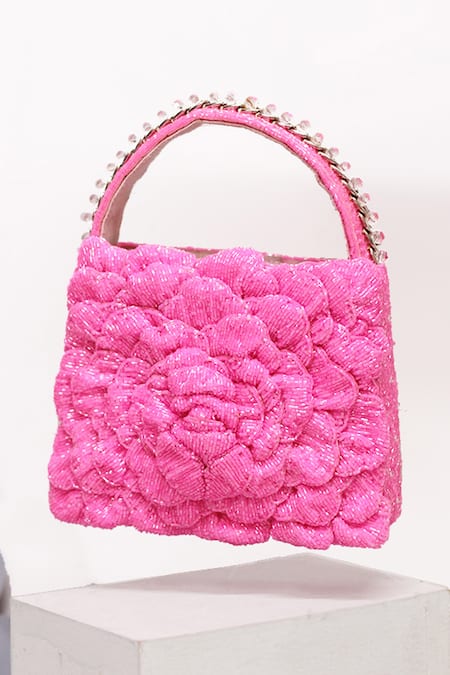 Shop Doux Amour Pink Embellished 3d Floral Bag at Aza Fashions Shop_Doux Amour_Pink Embellished 3d Floral Bag _at_Aza_Fashions