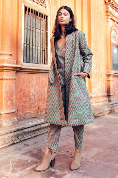 Gulabo Jaipur Green Cotton Block Print Floral Pattern Top Kafia Quilted Coat And Pant Set