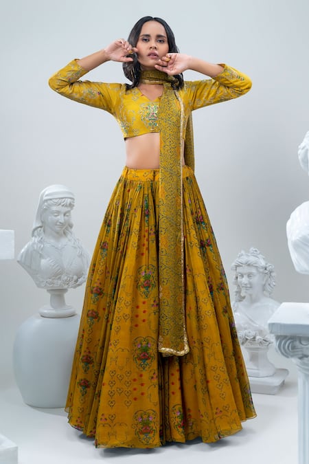 Nautanky Yellow Blouse- Viscose Silk Printed Floral V Neck Lehenga Set 