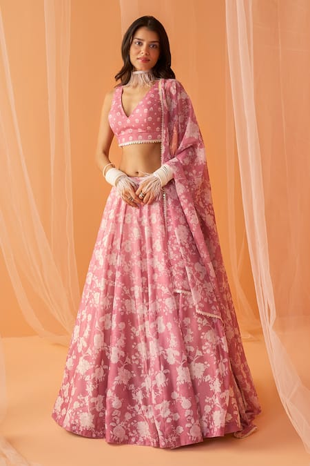 LASHKARAA Pink Chanderi Printed Flower V Neck Lehenga Set