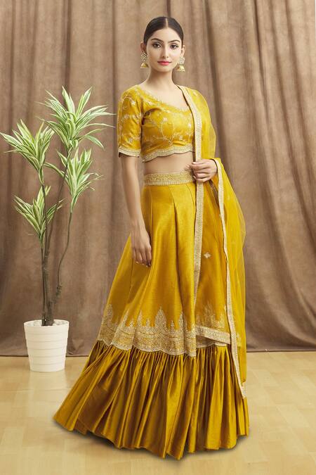 Khwaab by Sanjana Lakhani Yellow Blouse Zari Work Embroidered Panelled Lehenga Set