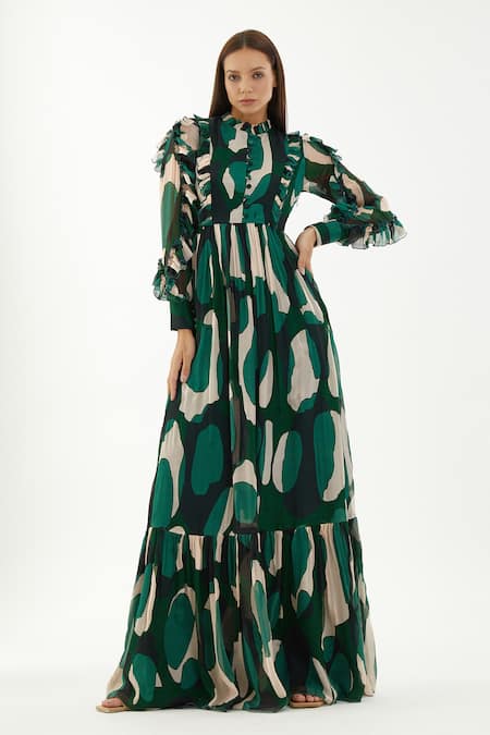 Koai Multi Color Chiffon Abstract Round Frill Detailed Dress Online at Aza Fashions Koai_Multi Color Chiffon Abstract Round Frill Detailed Dress _Online_at_Aza_Fashions