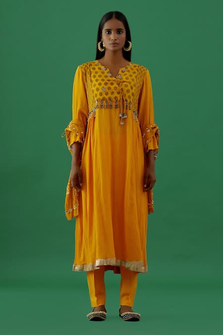 5elements Yellow Cotton Placement Embroidery Cresent Moon Silk Brocade Yoke Anarkali Set 