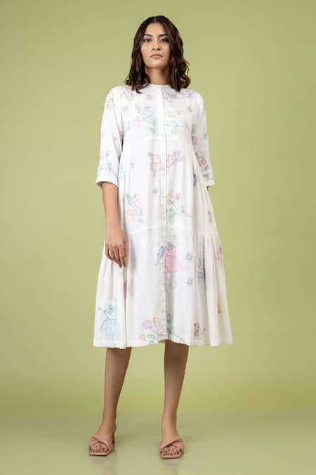 Doodlage White Cotton Embroidery Round Neck Seville Abstract Front-open Dress 