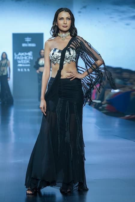 Rina Dhaka Black Georgette Embroidered Pre-draped Skirt Saree With Goth Pattern Blouse