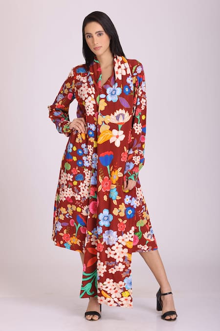 Alpona Designs By Soham Acharya Floral Print Shawl Collar Dress 