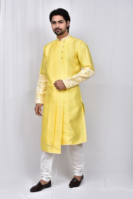 Arihant Rai Sinha Yellow Art Silk Patterned Asymmetric Kurta Set