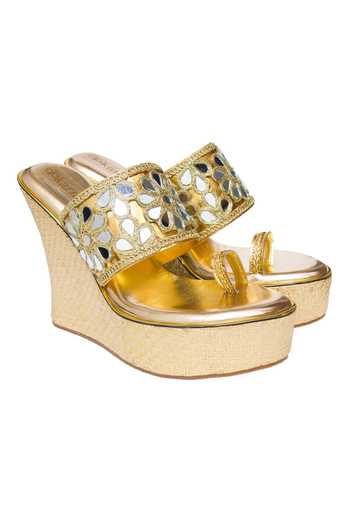 Buy Kkarma Accessories Gold Embroidery Gaurvi Platform Wedges at Aza Fashions Buy_Kkarma Accessories_Gold Embroidery Gaurvi Platform Wedges_at_Aza_Fashions