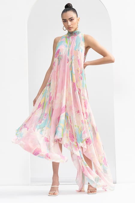 Mandira Wirk Pink Chiffon Tropical High Neck Dress