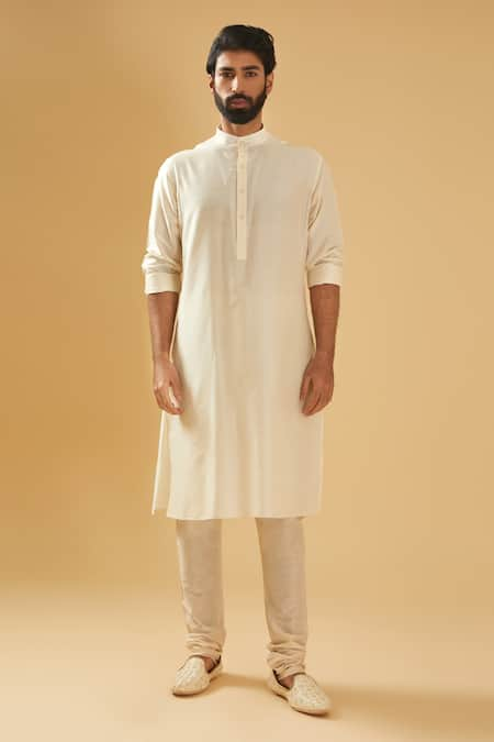 Raghavendra Rathore Blue Off White Raw Silk Band Collar Straight Kurta 