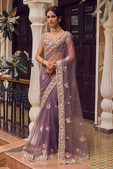 LASHKARAA Flower Vine Embroidered Pre-Draped Saree With Blouse 