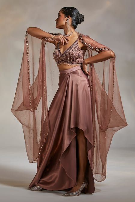 Divya Aggarwal Pink Satin Sequins, Cut Work V-neck Viven Hand Embroidered Cape Skirt Set 