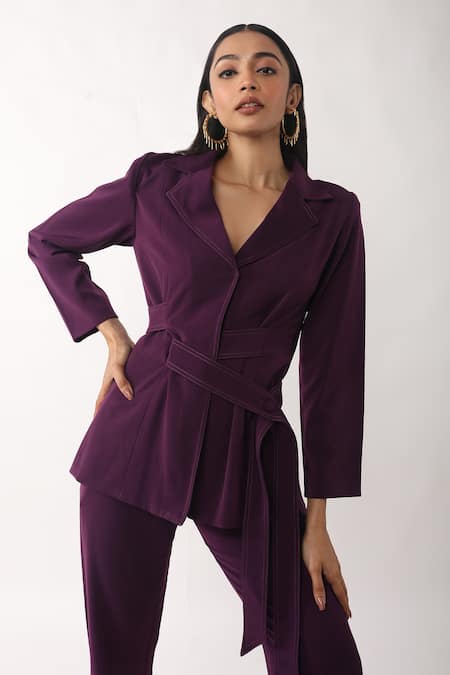 Veera Wear_Purple Collared Crepe Shirt And Pant Set _Online_at_Aza_Fashions