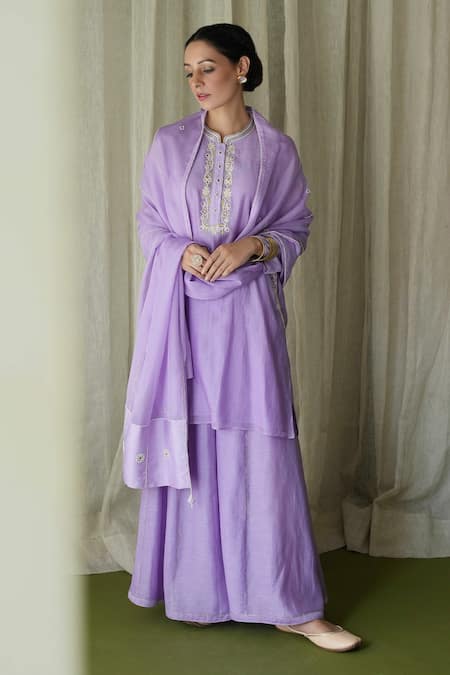 Kanika Sharma Purple Kurta And Sharara  Chanderi Silk Embroidered Pearl Mandarin Placket Set 