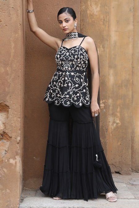 Nitisha Kashyap Official Black Georgette, Net, Silk Mirrors, Embroidery, Floral Peplum Kurta Gharara Set 