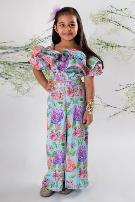 Lil Angels Multi Color Crepe Printed Floral Ruffle Layered Top And Pant Set 