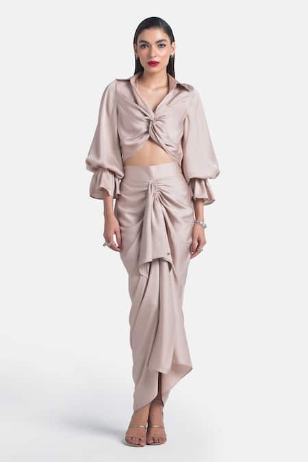 431-88 By Shweta Kapur Beige Satin Shawl Neck Sharyn Twisted Top 